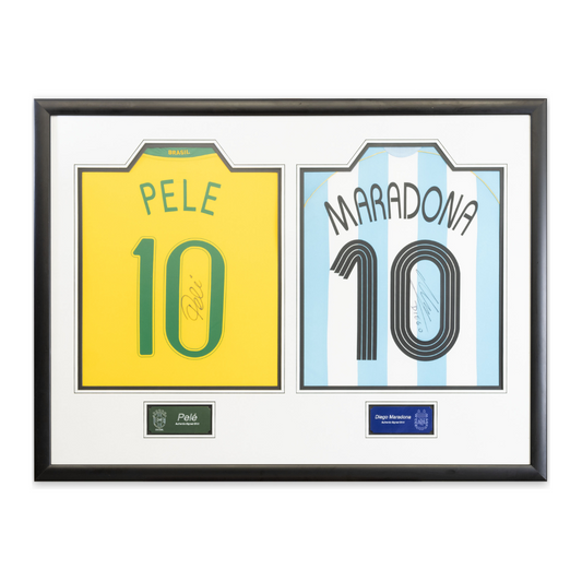 Pele and Maradona signed Brazil and Argentina shirts dual framed